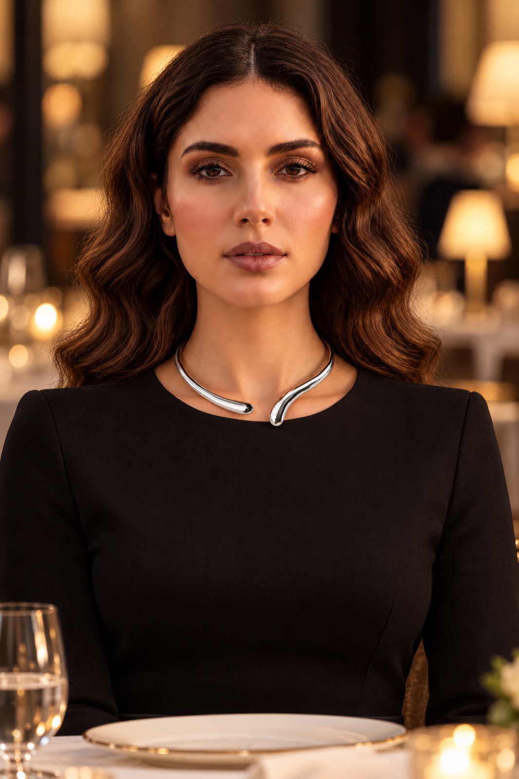 Mira silver, same model at an evening dinner, campaign portrait