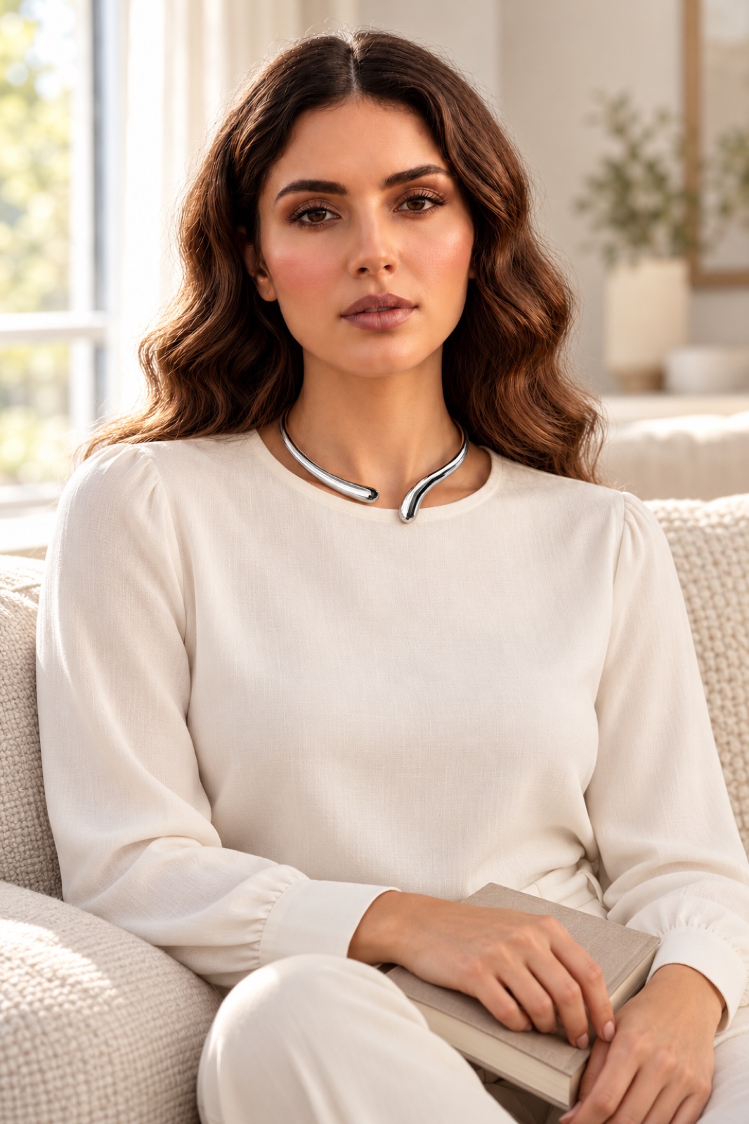 Mira silver, same model at home, campaign portrait