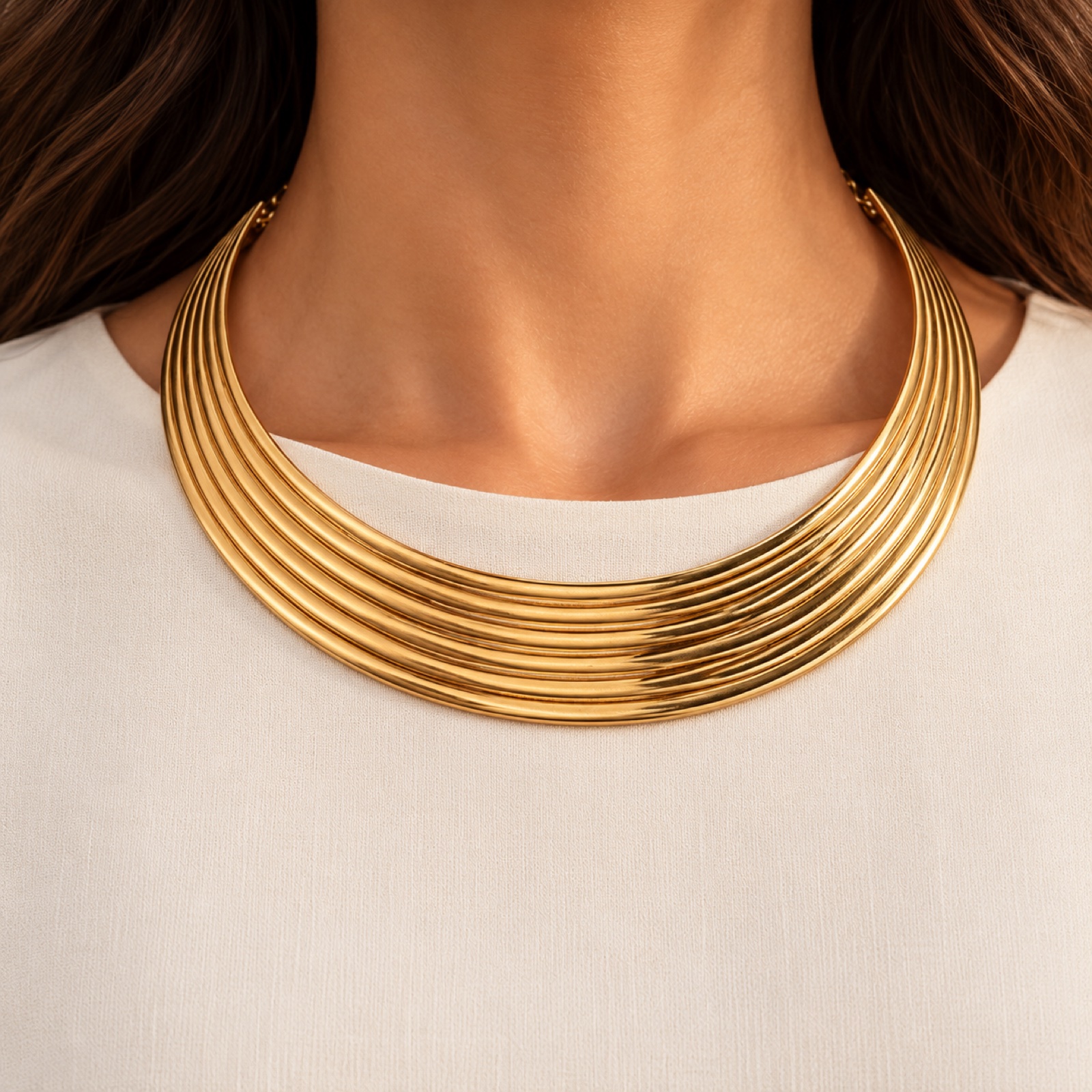 Close-up of Sophia on the model, jewellery detail portrait