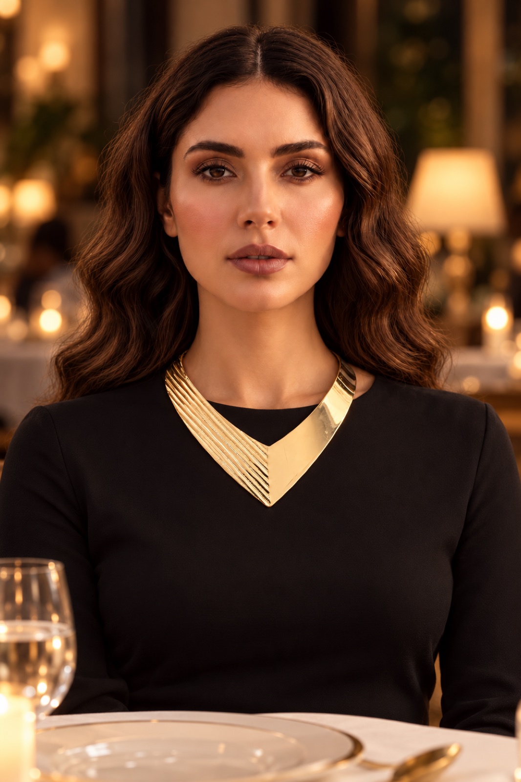 Zoe, same model at an evening dinner, campaign portrait
